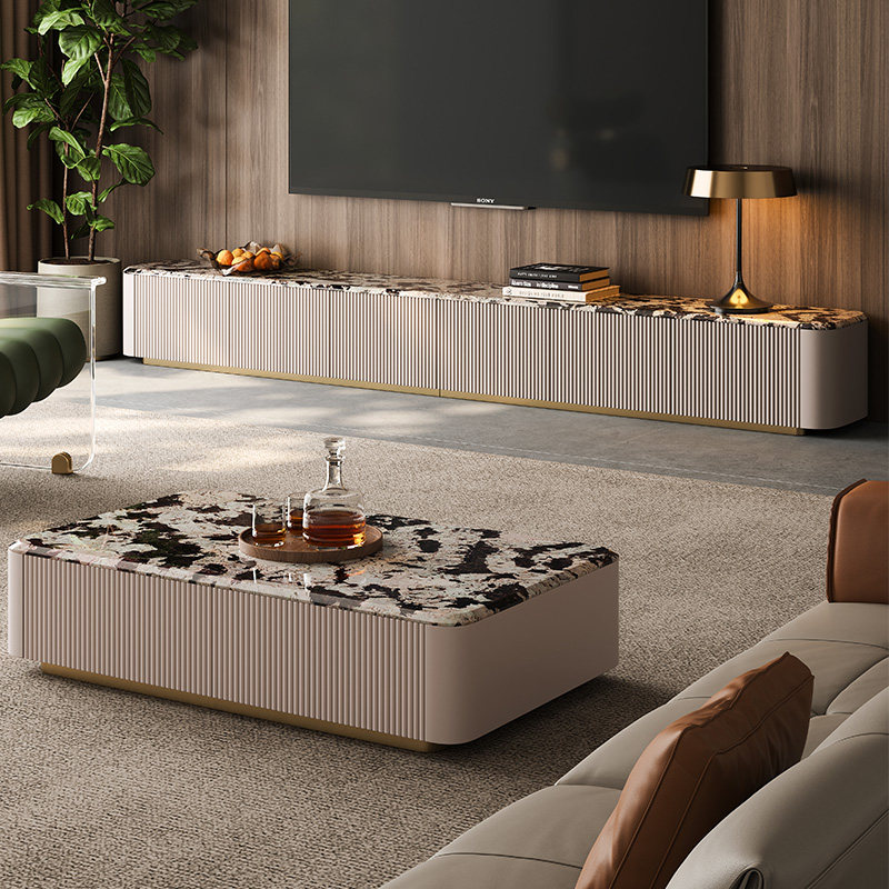 现代轻奢天然大理石电视柜高端别墅定制2025新款家用奢石电视柜