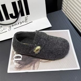2025年秋冬加绒保暖毛呢圆头内豆豆乐福鞋 复古丑萌勃肯鞋 子女瓢鞋