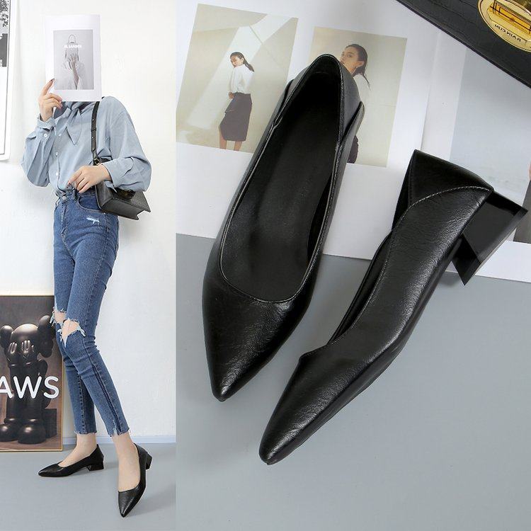 尖头中跟单鞋女2025春季新款气质职业工作鞋浅口粗跟黑色高跟女鞋