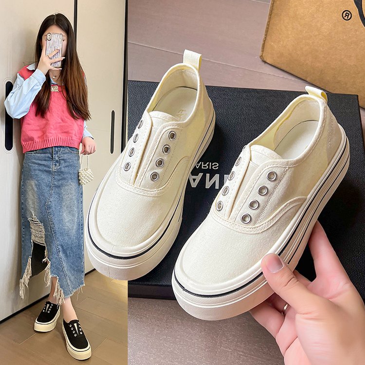 厚底一脚蹬帆布鞋女薄款2025新款透气百搭休闲无系带小白鞋板鞋夏