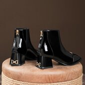 法式 方头粗跟高跟小短靴女皮靴后拉链2025款 秋冬马丁靴漆皮瘦瘦靴