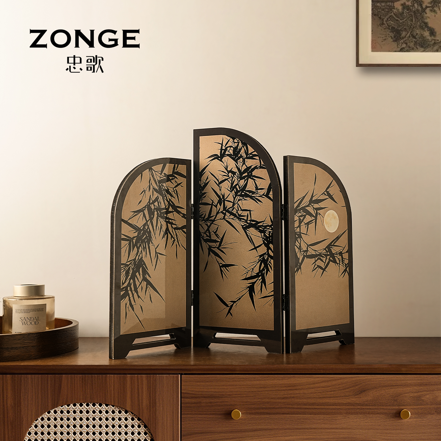 中古风墨竹小屏风装饰摆件