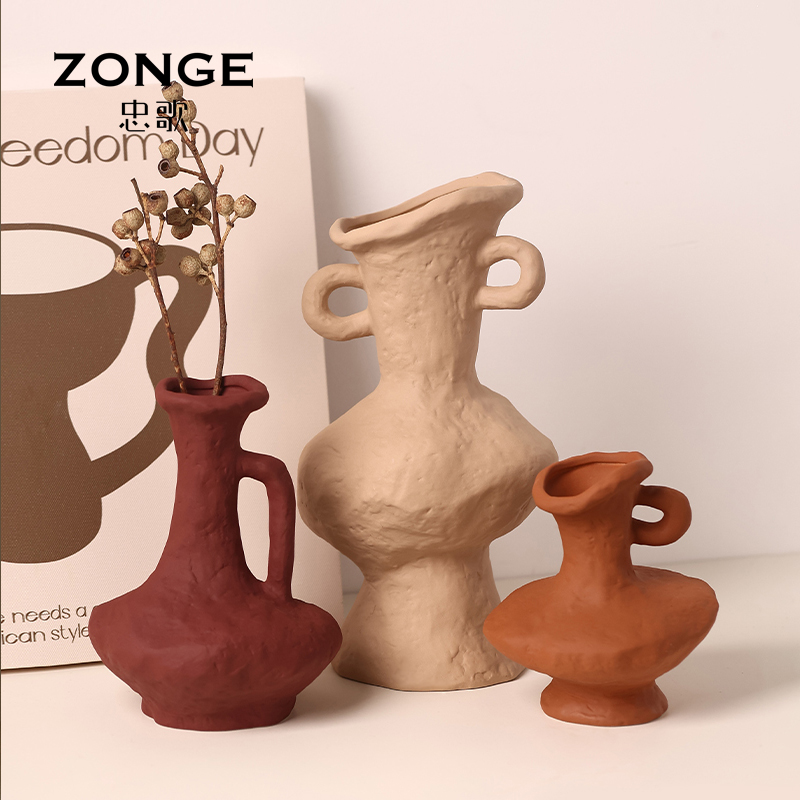 美拉德手工双耳陶瓷花瓶摆件覆古手提艺术插花干燥花器工艺礼品摆