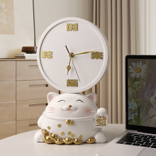 奶油风招财猫时来运转桌面时钟摆台式钟表摆件客厅玄关前台装饰品