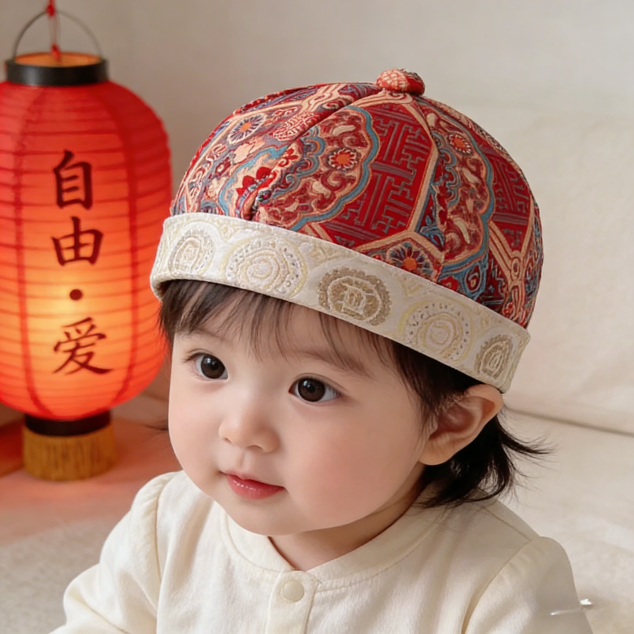 婴儿秋冬小月龄百天男宝宝少爷地主阿哥保暖唐装中式国风抓周帽子