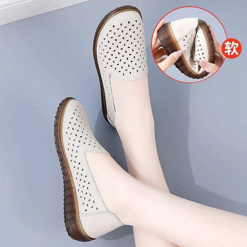 真皮豆豆鞋女软底夏季镂空凉鞋妈妈鞋中老年防滑牛筋底一脚蹬单鞋,女鞋,洞洞鞋,淘宝优惠券,粉丝福利购,淘宝优惠卷