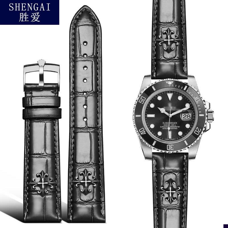 适配真皮手表带劳力士表带防水牛皮针E扣绿水鬼黑水鬼皮带游艇20