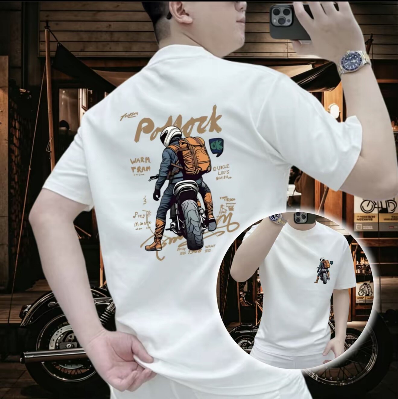 夏季潮牌创意摩托机车印花青年重磅纯棉短袖t恤男宽松简约ins上衣