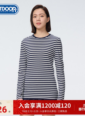 outdoorproducts秋季圆领条纹长袖T恤女棉感亲肤透气吸汗弹力长袖