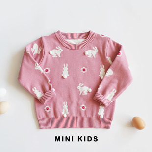 可爱小兔~韩国!女童宝宝春秋纯棉立体手工球球兔子柔软圆领毛衣
