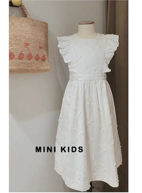法单 女童高品重工特种浮雕刺绣梭织纯棉天然贝壳扣白色礼服裙