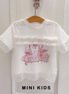 国内纯原~女童110-150白色短袖T恤火烈鸟字母印花+蕾丝衫两件套