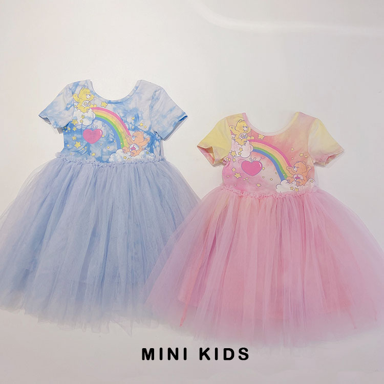 澳洲单~cot女童宝宝2-10岁夏季彩虹小熊扎染短袖网纱拼接连衣裙