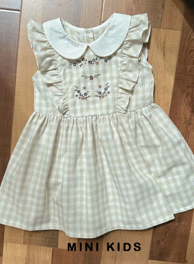 韩国susu~纯棉薄软 女童夏季格纹花朵刺绣娃娃领无袖木耳边连衣裙