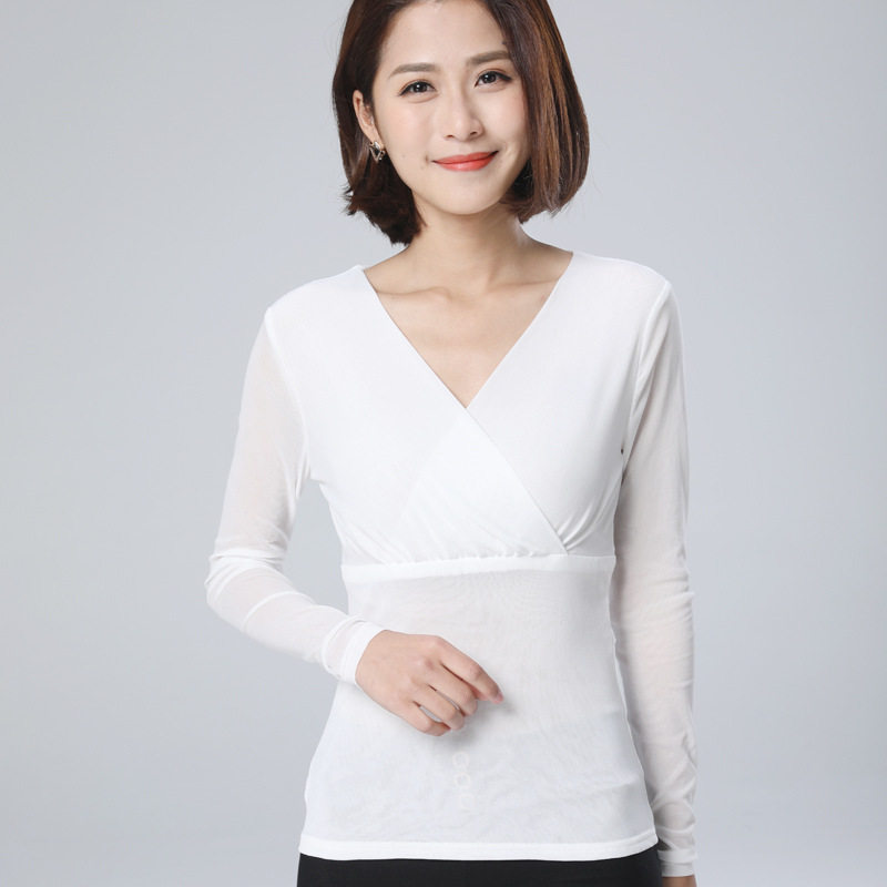 黑色网纱修身镶钻打底衫女v领秋冬T恤长袖修身百搭体恤2018新款