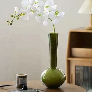 简约风绿色玻璃花瓶长颈球形桌面装饰显瘦家居摆件
