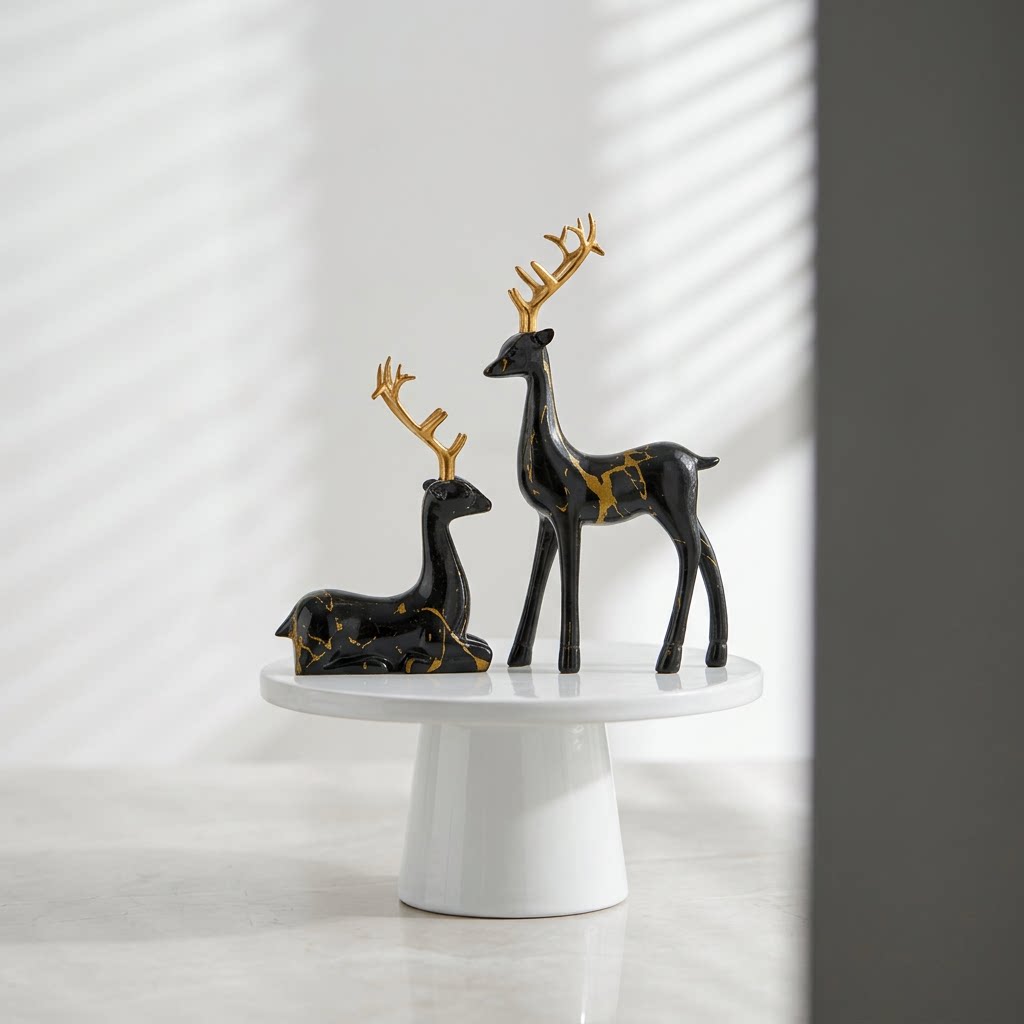 轻奢黑色鹿摆件家居装饰品客厅玄关工艺品金色角造型装饰