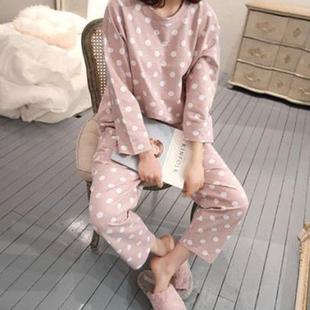 秋圆领女长袖 点士家居服可外穿 春睡衣女套装 牛奶丝薄WCL波款
