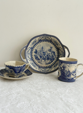 绝美青花瓷 皇家雅顿中古瓷器 蓝色青花皇家马车战马双耳盘咖啡杯