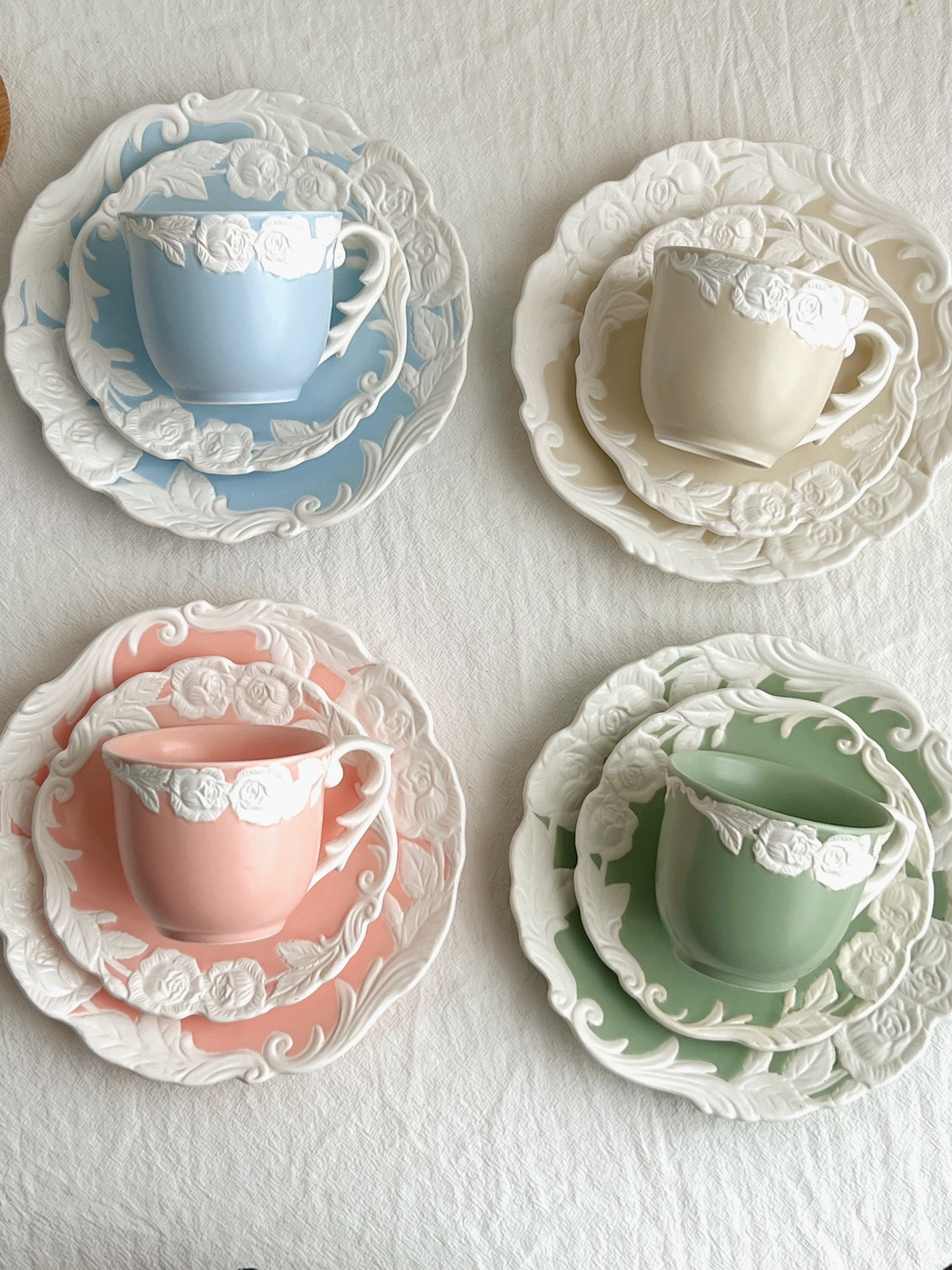 店主极推款 亚光浮雕玫瑰花拼接复古色陶瓷咖啡杯盘子一套