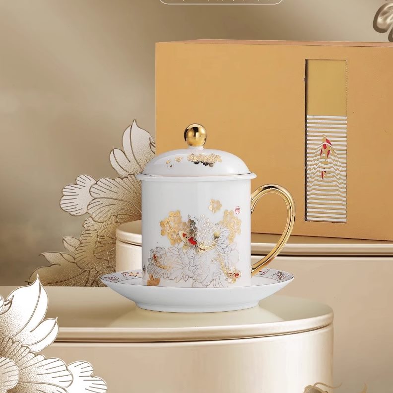 金鳞办公水杯羊脂玉瓷办公室泡茶杯个人专用精致高端礼品瓷马克杯