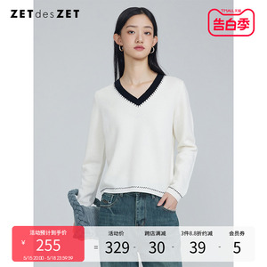 ZETdesZET 100%纯羊毛针织衫女2023秋冬季新款长袖打底衫V领上衣