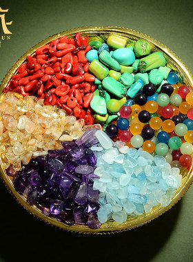 藏村家用藏式装赞七宝石彩色石头曼扎盘铜像用宝石松石佛塔装玛瑙