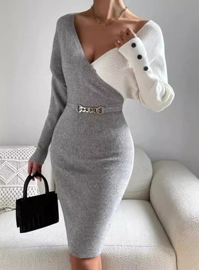 2024 Splicing Fashion Slimming Bag Hip Knitted jumpsuit