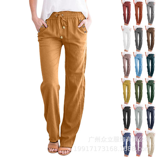 2027 Solid color loose drawstring casual wide leg pants