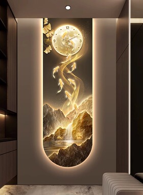 壁灯九鱼图玄关装饰画 画LED发光静音钟表入户正对门挂钟客厅灯光