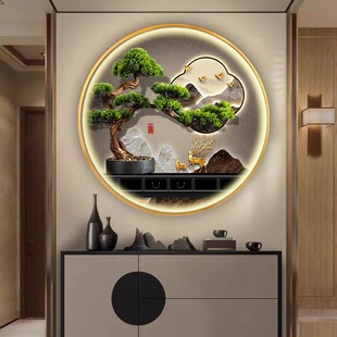 壁灯玄关迎客松挂画新中式圆形装饰画入户门正对墙客厅带灯画