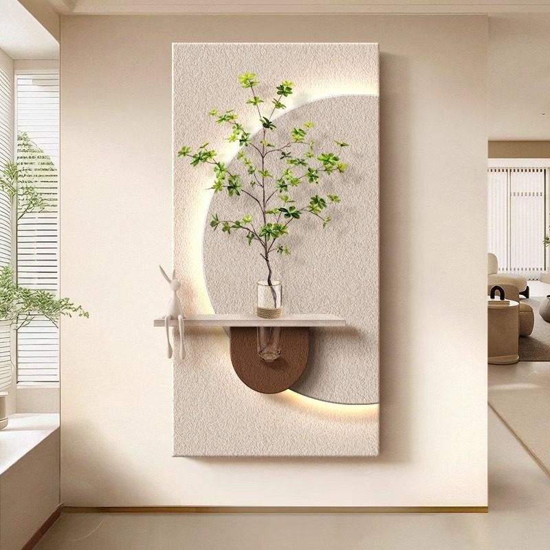 奶油风客厅背景墙装饰画水培绿植