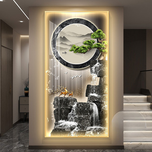 壁灯流水生财靠山图挂画玄关楼梯间装饰画大气高档入户灯光画