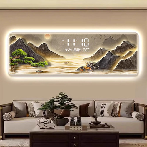 流水生财客厅装饰画 画高级感壁灯新中式山水电子钟表挂墙茶室万