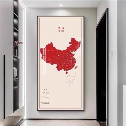 中国风地图玄关装饰画竖版现代简约客厅画正对门挂画走廊过道壁画