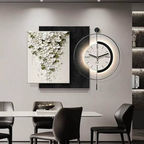 高级感花卉挂钟饭厅背景墙装饰画 画立体感客厅钟表挂墙餐桌时钟