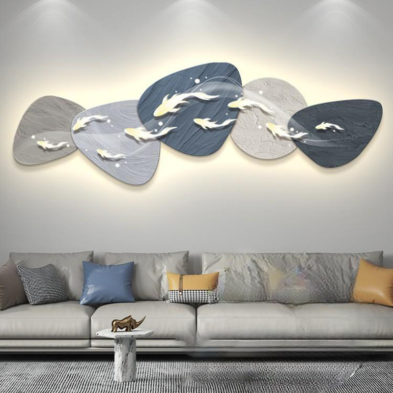 led带灯轻奢九鱼图客厅装饰画沙发背景墙挂画壁画简约现代高级感