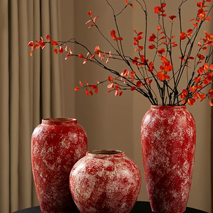 新中式复古陶瓷花瓶客厅玄关大号落地摆件轻奢高级感红色水养插花
