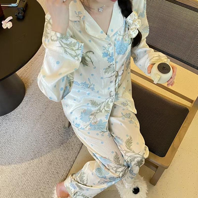 高档黛梦安之oyshok思伴蓝梦花语精致法式风女士睡衣春夏季冰丝长