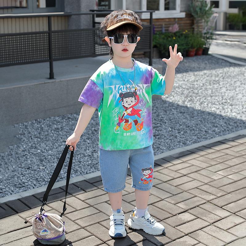 高档爱及贝贝潮牌屋怡儿童哪吒衣服男童夏季短袖套装2025新款酷帅
