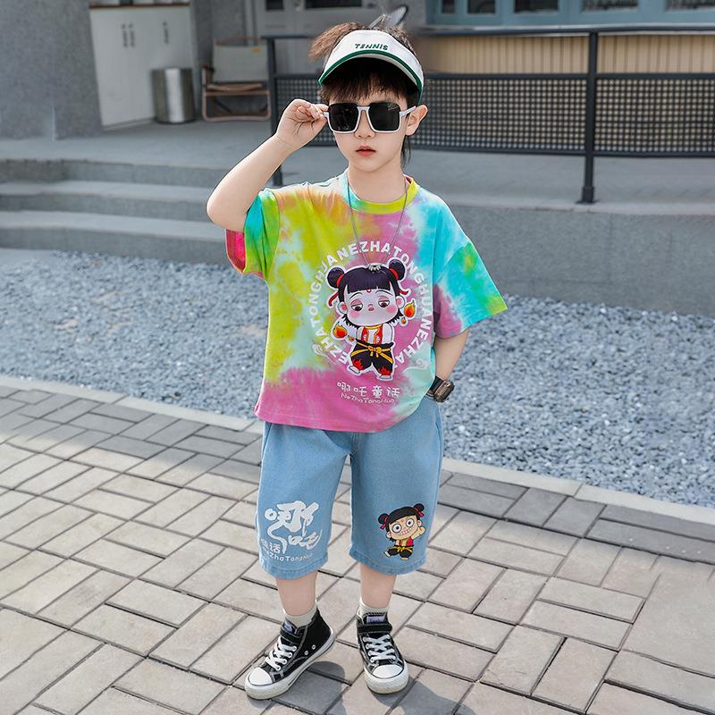 高档爱及贝贝潮牌屋怡男童夏季短袖套装哪吒衣服2025新款儿童酷帅