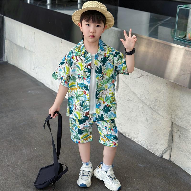 高档红孩史努潮牌儿比男童夏装夏威夷花衬衫沙滩度假短袖套装痞帅