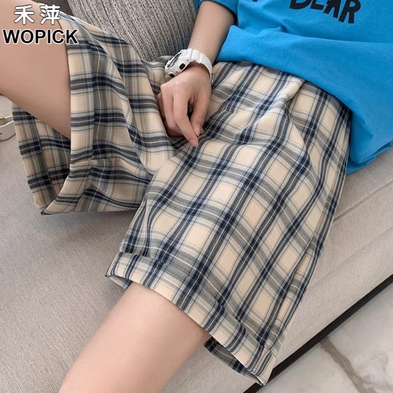 蓝色格子小个子阔腿裤