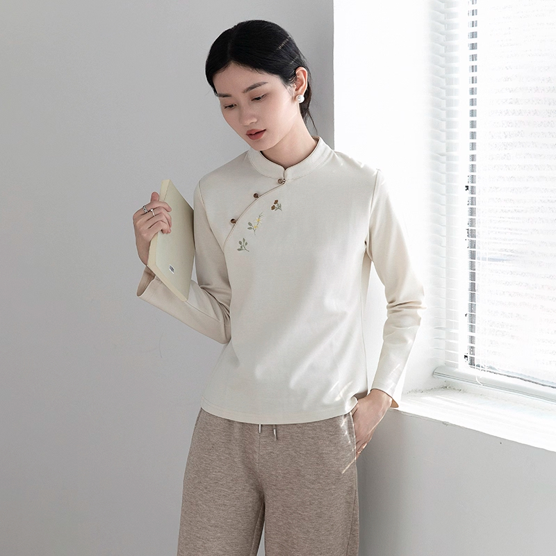 新中式复古中国风T恤女秋冬新款德绒保暖上衣刺绣外穿气质打底衫