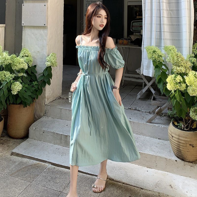 简约休闲蓝色宽松吊带连衣裙女夏季2025新款无袖打底木耳边长裙潮