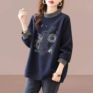 大码高领绣花卫衣女欧版春秋新款宽松显瘦百搭简约洋气减龄外套潮