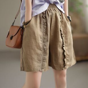 薄高腰显瘦直筒垂感五分休闲短裤 棉麻复古阔腿裤 新款 夏季 子 子女装