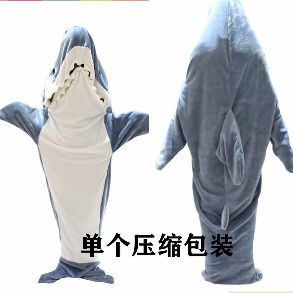 连OHJ跨境新冬卡通鱼睡鱼袋动物鲨连体睡衣法兰绒鲨家居服体鲨鱼