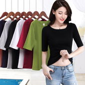 女春夏修身 五分袖 内搭纯色中袖 黑色罗纹棉打底衫 t恤上衣新款 七分