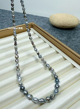 野生天然无核大溪地Keshi项链串珠海水珍珠强光铂金灰